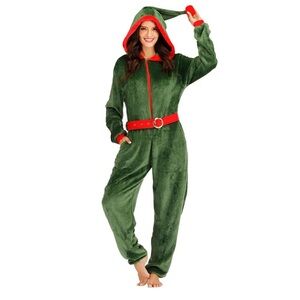 Eraspooky Women Christmas Elf Costume Santa Elf Onesie Zip Up XL